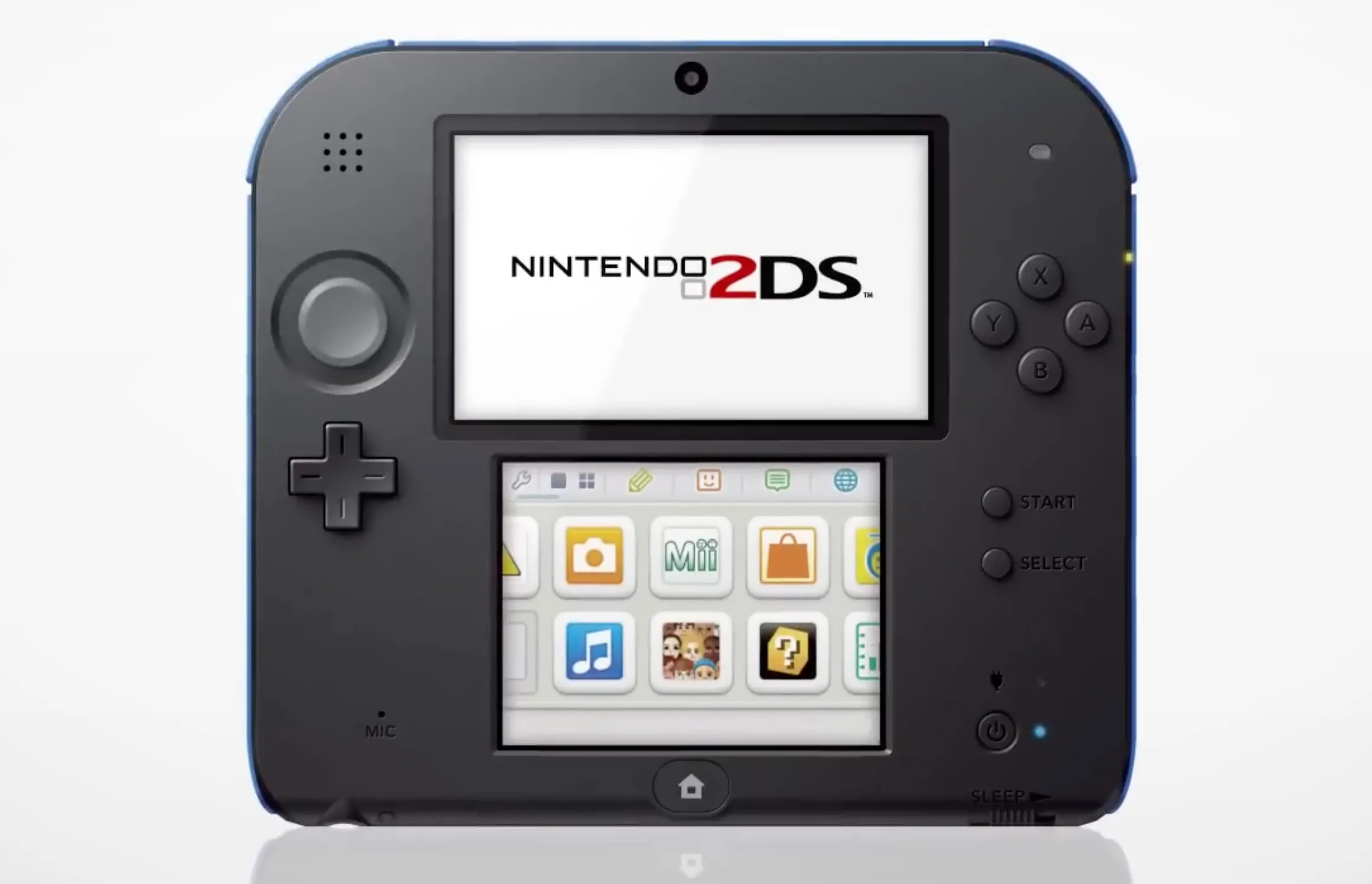 Hình ảnh quảng cáo máy chơi game Nintendo 2DS với thiết kế dạng bảng độc đáo.