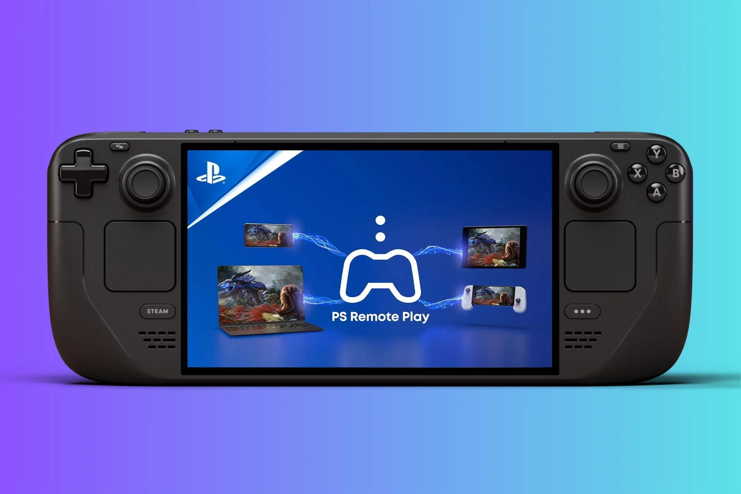 Hình ảnh Steam Deck hiển thị giao diện PlayStation Remote Play, cho phép người dùng stream game PS5 lên thiết bị cầm tay.