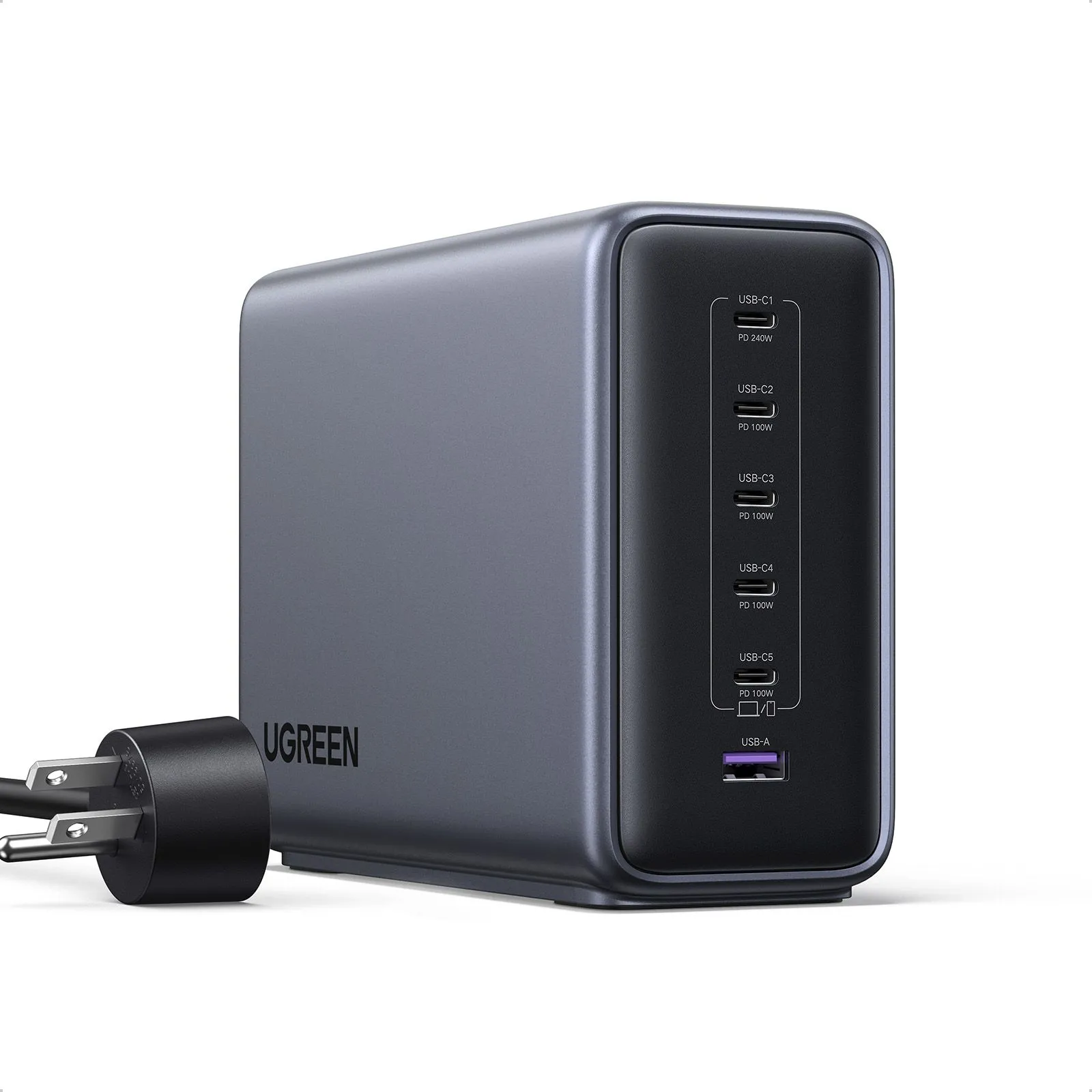 Hình ảnh trạm sạc UGREEN Nexode 500W GaN 6 cổng với các cổng USB-C và USB-A, thiết kế tối giản đặt trên bàn