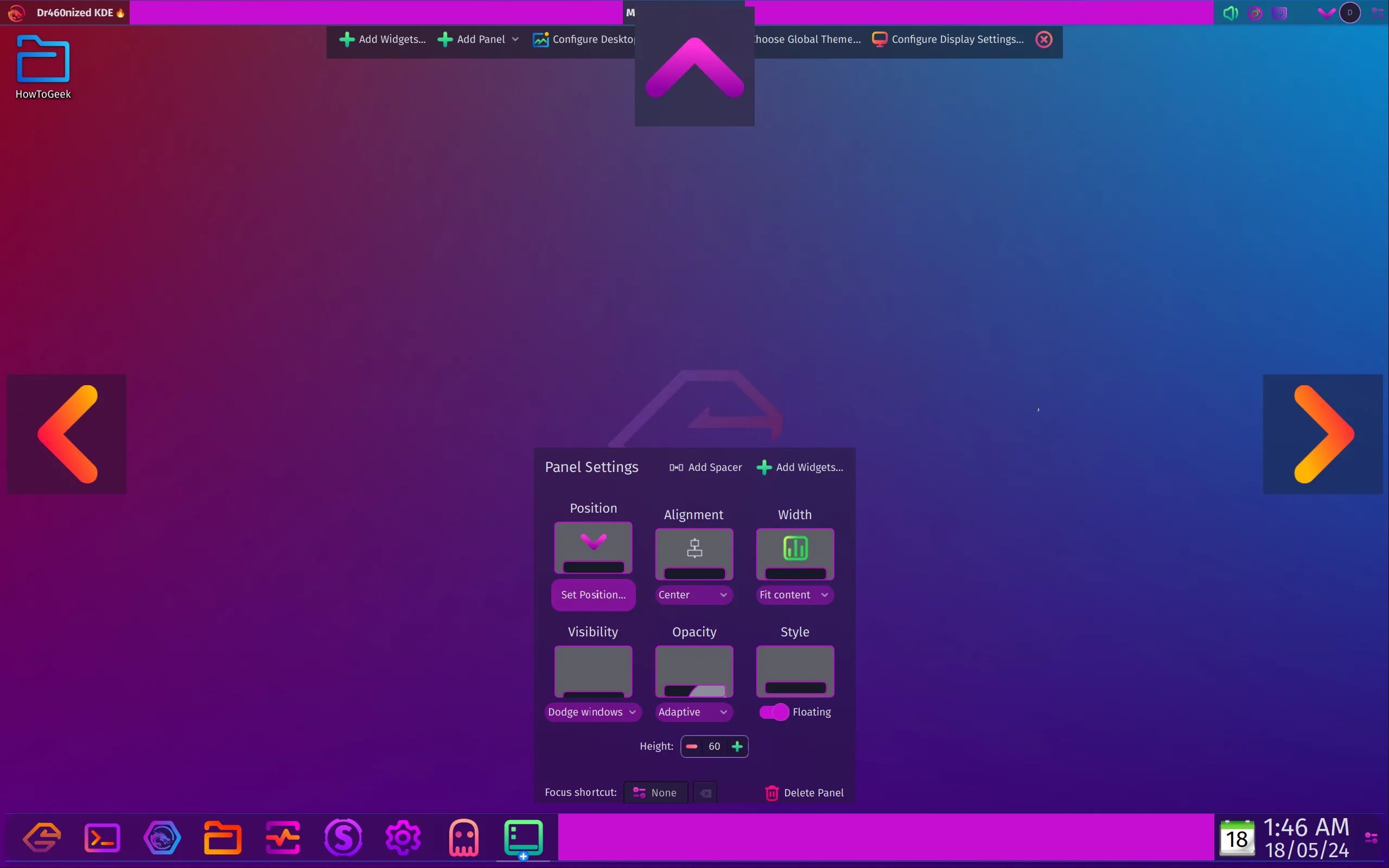 Hình ảnh tùy chỉnh vị trí thanh tác vụ (panel) và các tùy chọn bảng điều khiển khác trên Garuda Linux với môi trường KDE Plasma