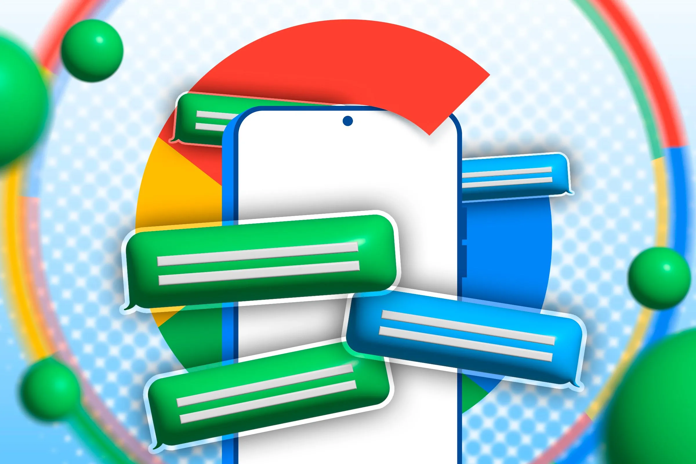 Hình minh họa điện thoại Android với logo Google và bong bóng tin nhắn, thể hiện khả năng nhắn tin