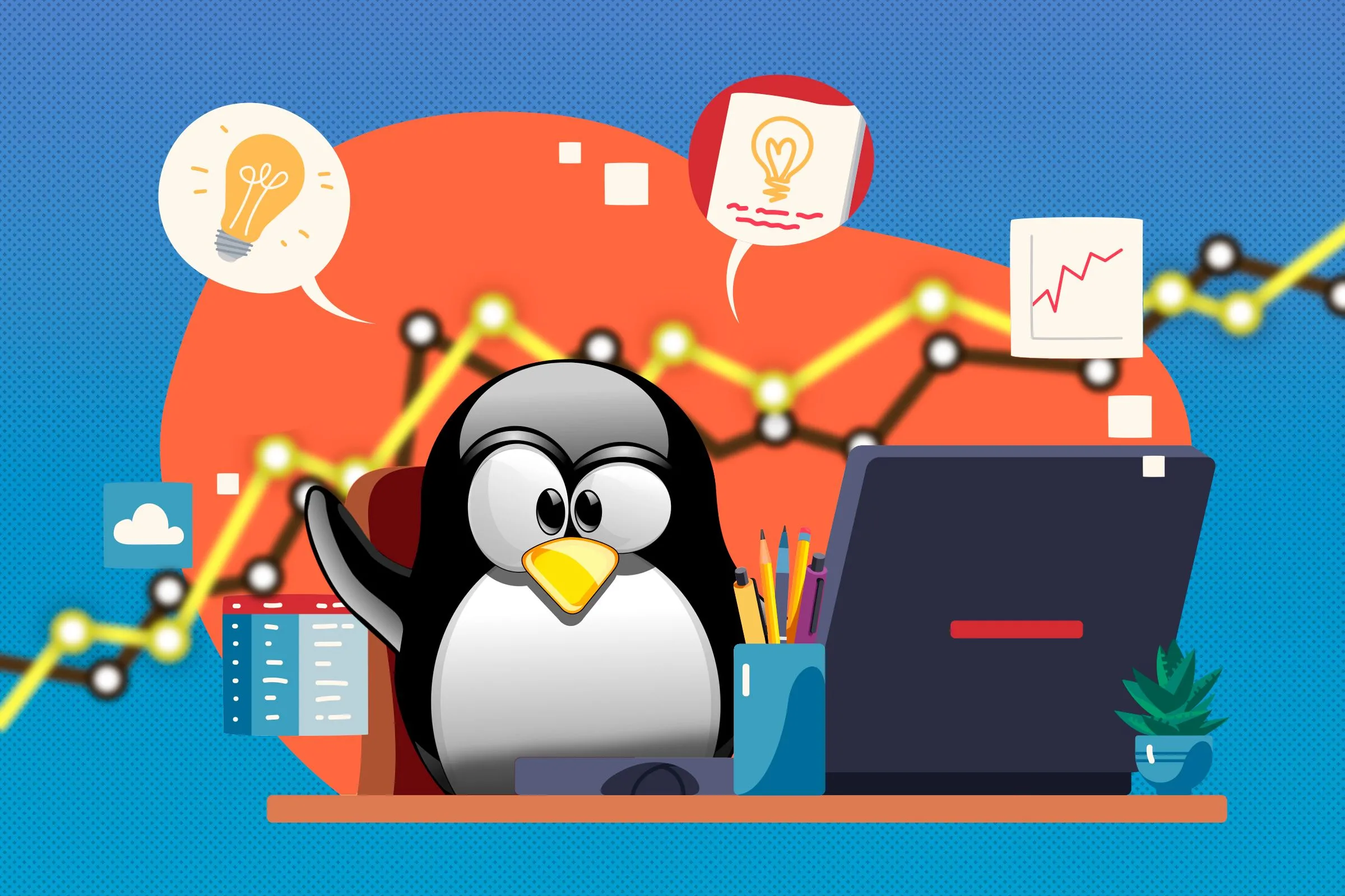 Hình minh họa linh vật Linux Tux làm việc tại bàn, xung quanh là các biểu tượng năng suất, thể hiện tinh thần mã nguồn mở và sáng tạo không ngừng