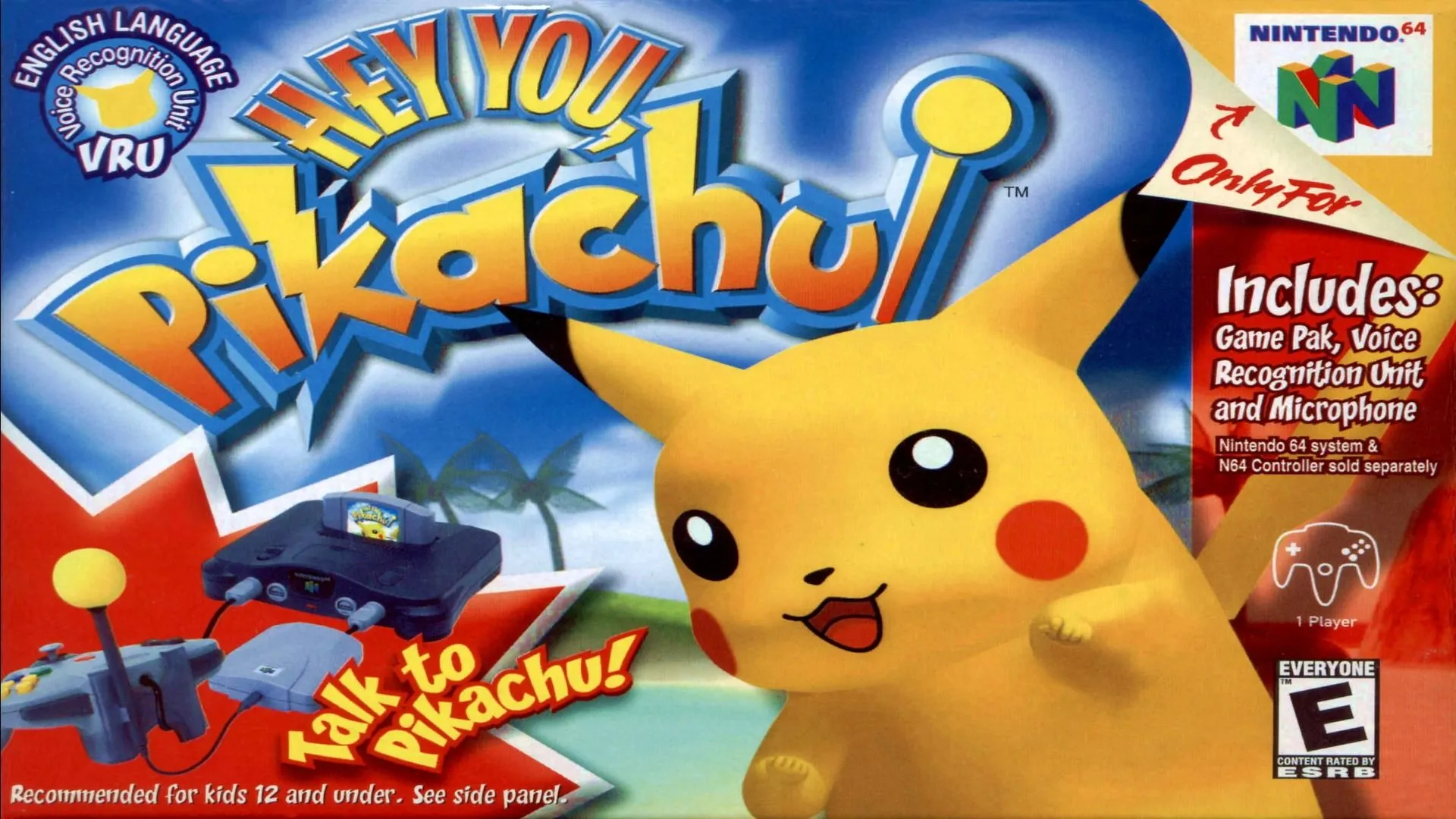 Hộp game Hey You Pikachu cho Nintendo 64 với Pikachu và người chơi giao tiếp bằng micro