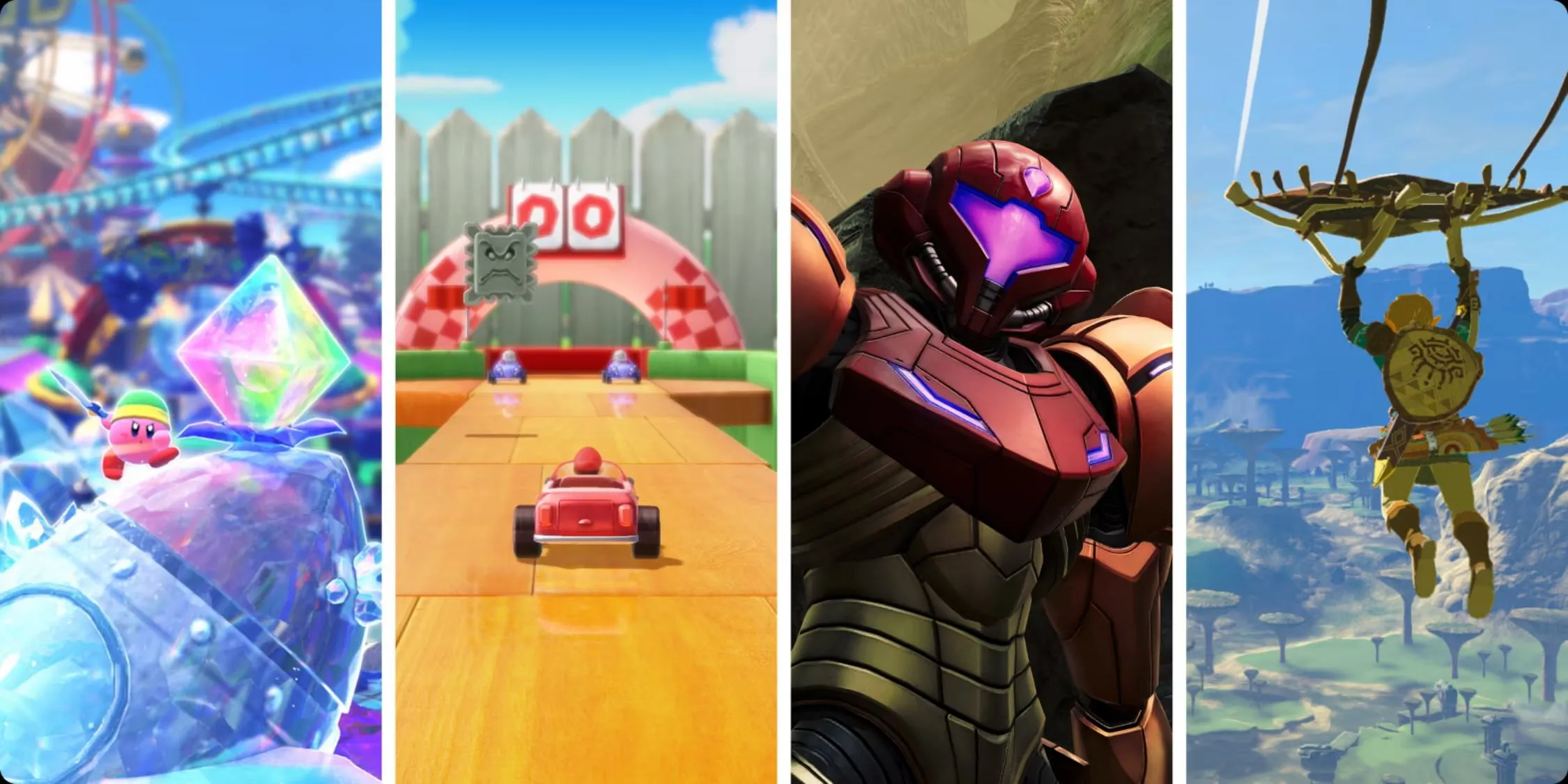 Hộp game Switch 2 Edition của các tựa game nổi bật như Kirby, Mario Party, Metroid và Zelda, minh họa cho việc dữ liệu game được lưu trên thẻ.