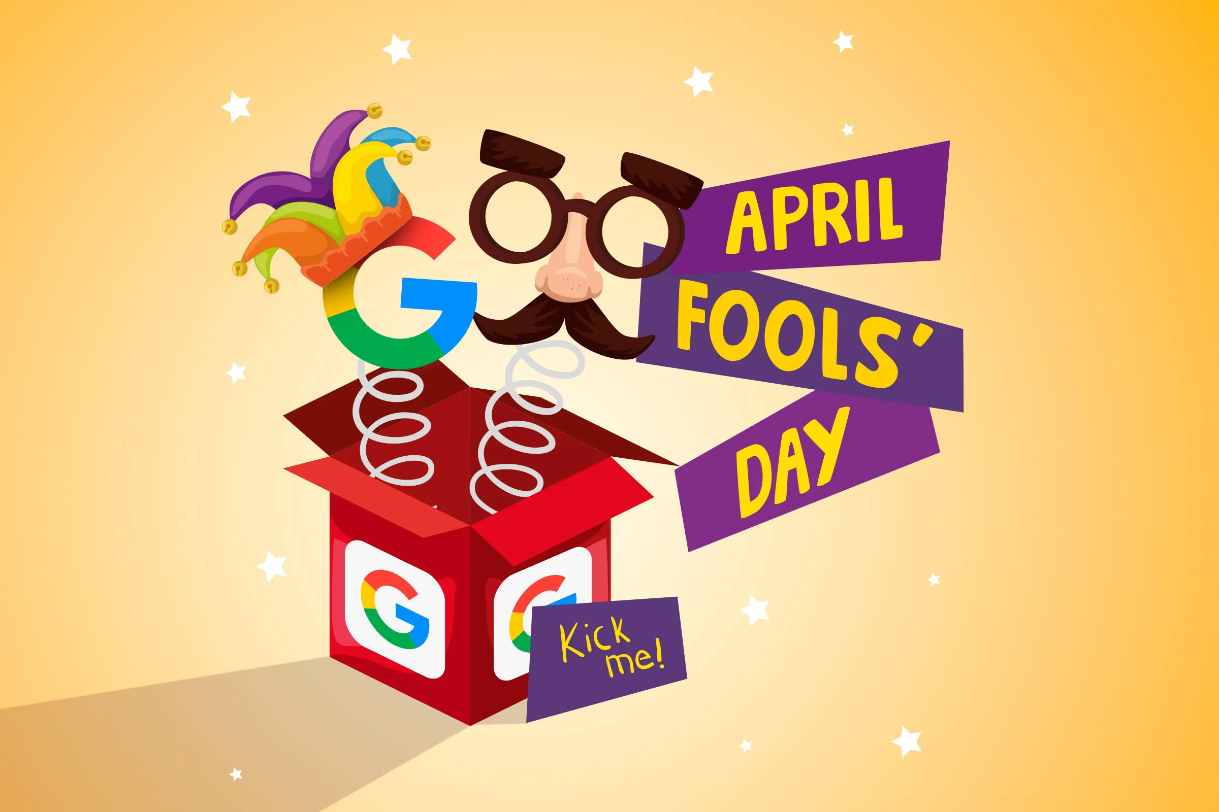 Hộp quà màu đỏ với logo Google và dòng chữ April Fools' Day, minh họa cho các trò đùa Cá tháng Tư trong công nghệ.
