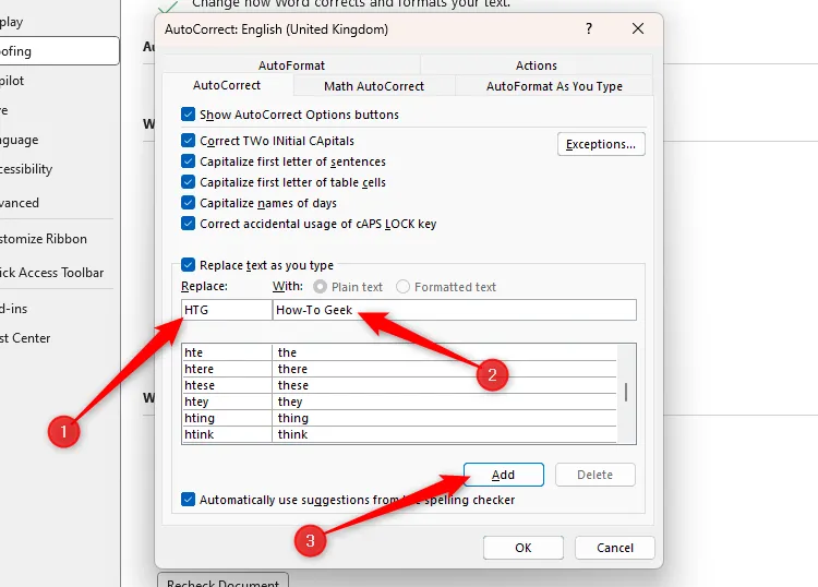 Hộp thoại AutoCorrect của Word, hiển thị trường &quot;Replace&quot; với &quot;HTG&quot; và &quot;With&quot; với &quot;How-To Geek&quot; cùng nút &quot;Add&quot; được tô sáng.