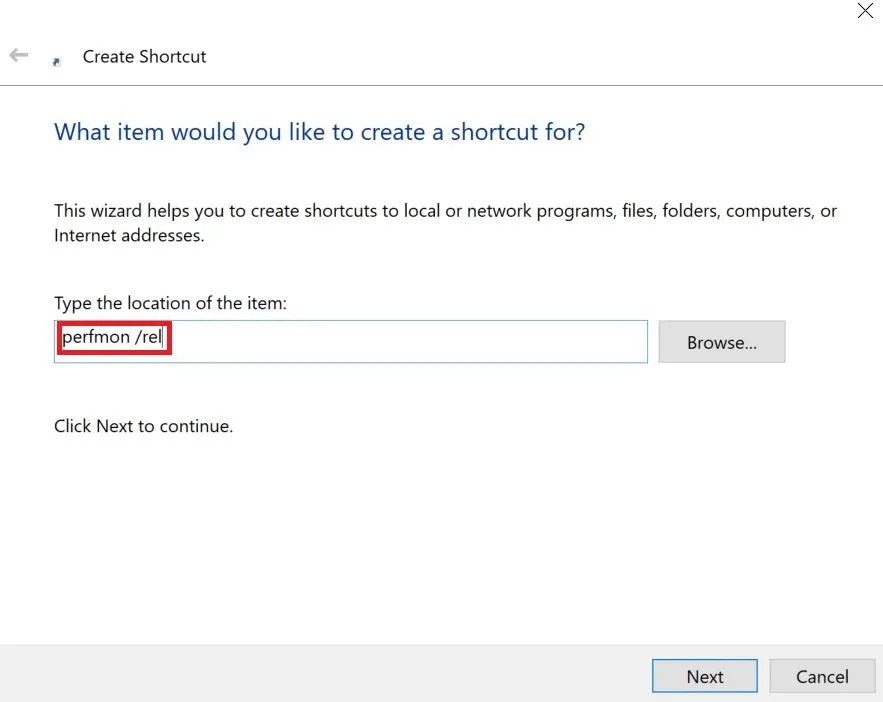 Hộp thoại Create Shortcut để nhập đường dẫn của Windows Reliability Monitor