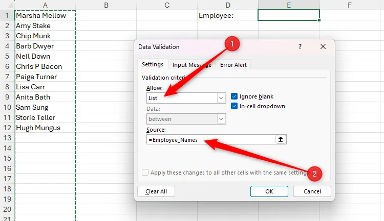 Hộp thoại Data Validation trong Excel, chọn tên vùng &quot;Employee_Names&quot; làm nguồn cho danh sách thả xuống động
