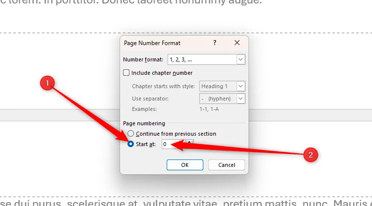 Hộp thoại Format Page Numbers trong Word với tùy chọn Start At được chọn và giá trị 0, giúp bắt đầu đánh số trang từ 0.