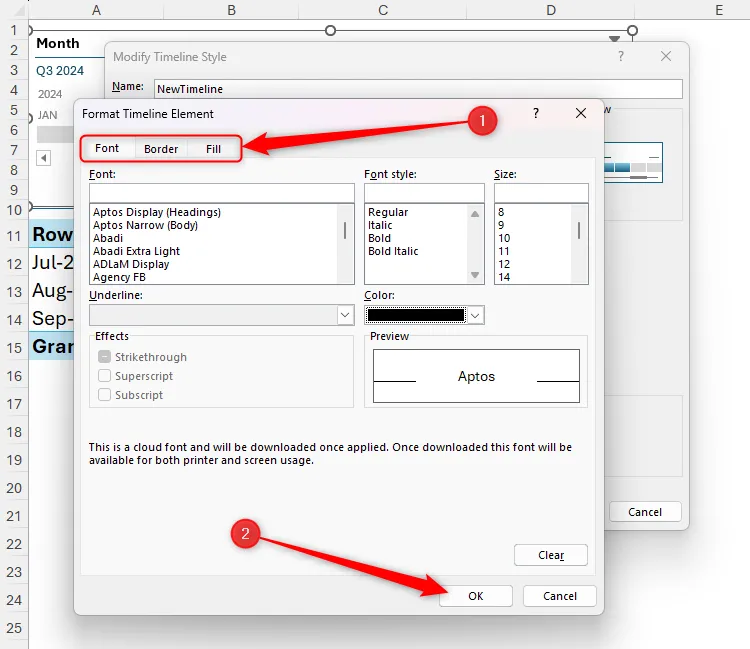 Hộp thoại Format Timeline Element trong Excel, với các tab Font, Border, Fill được tô sáng để tùy chỉnh định dạng
