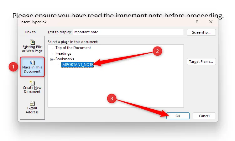 Hộp thoại Insert Hyperlink trong Word, chọn Place In This Document và bookmark đã tạo để liên kết nội bộ.