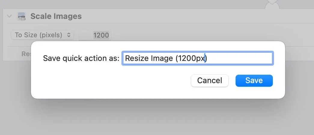 Hộp thoại lưu Quick Action trong ứng dụng Automator, cho phép người dùng đặt tên cho hành động tùy chỉnh trên macOS.