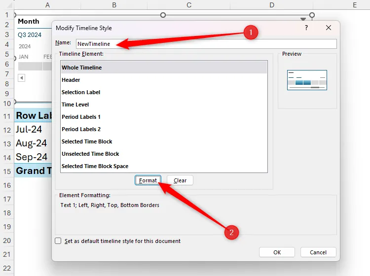 Hộp thoại Modify Timeline Style trong Excel, trường Name được điền tên và nút Format được chọn để chỉnh sửa chi tiết