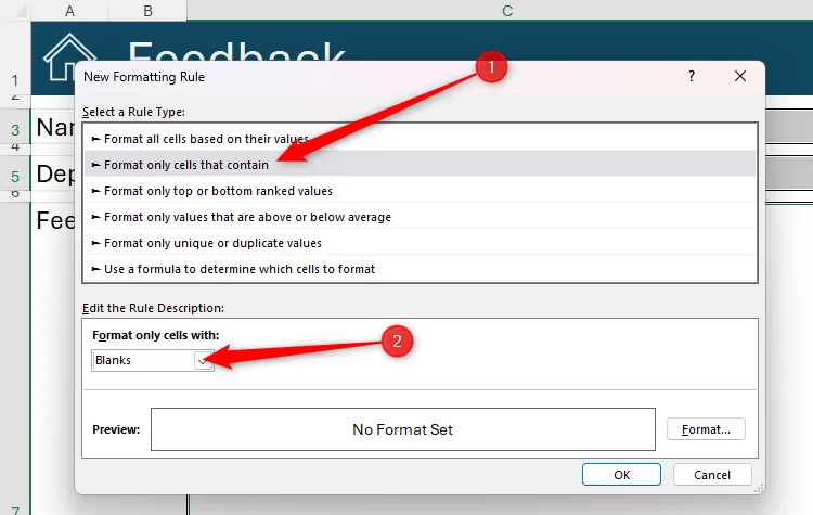 Hộp thoại New Formatting Rule trong Excel, thiết lập quy tắc định dạng chỉ áp dụng cho các ô &quot;Blanks&quot; (trống), giúp tùy chỉnh hiển thị dựa trên nội dung.