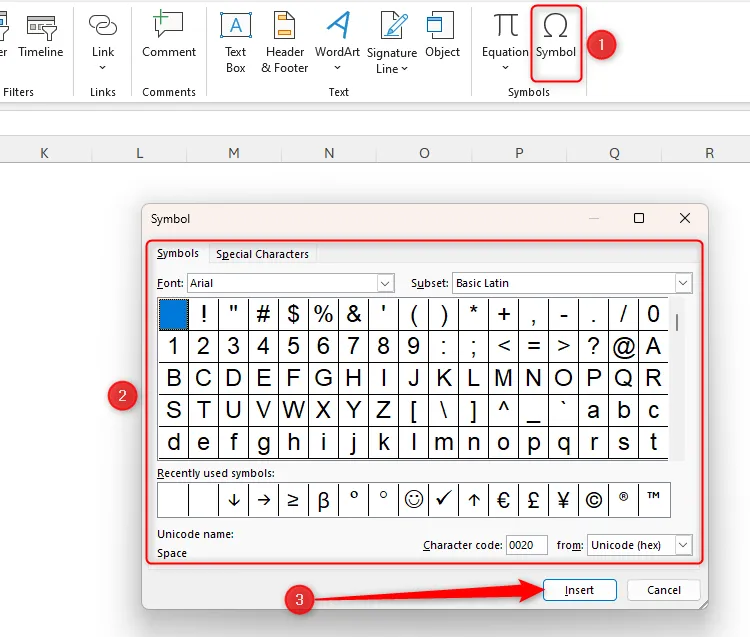 Hộp thoại Symbol trong Microsoft Excel để chèn các ký tự đặc biệt.