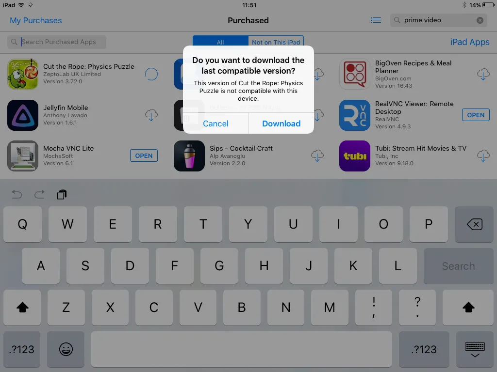 Hộp thoại trong App Store trên iPad 2 hỏi người dùng có muốn tải xuống phiên bản ứng dụng tương thích cuối cùng không.