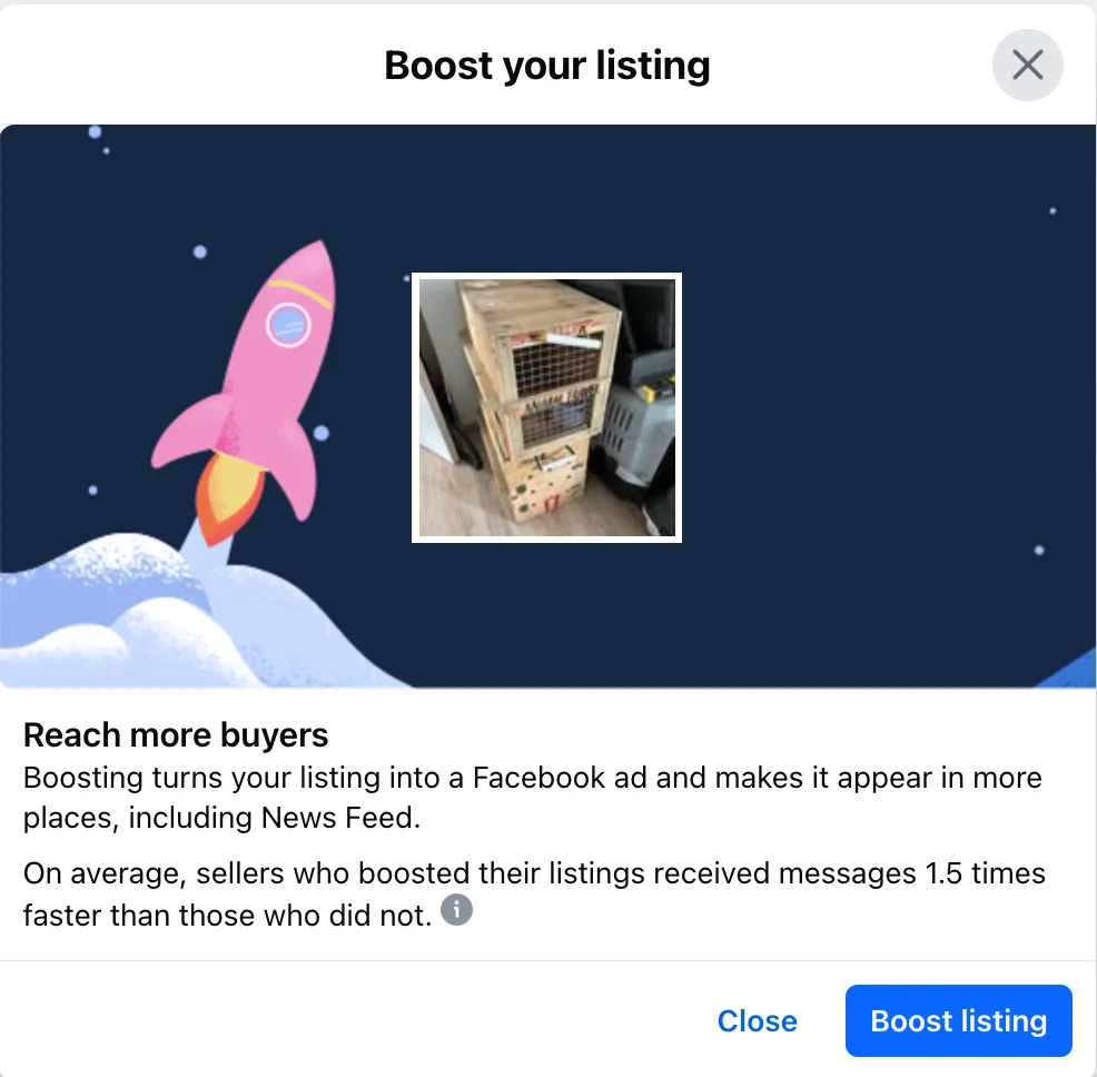 Hộp thoại tùy chọn quảng cáo bài đăng trên Facebook Marketplace với nút 'Boost Listing' (Tăng cường hiển thị bài đăng).
