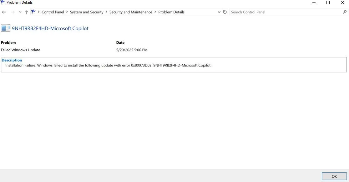 Hộp thoại Windows hiển thị chi tiết kỹ thuật của một sự kiện cảnh báo từ lỗi phần mềm