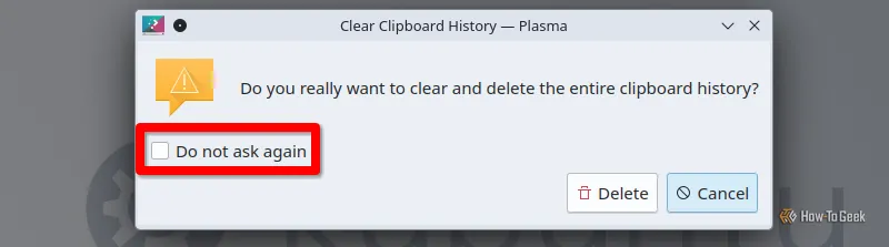 Hộp thoại xác nhận xóa lịch sử clipboard trên Kubuntu Linux, hiển thị cảnh báo trước khi thực hiện