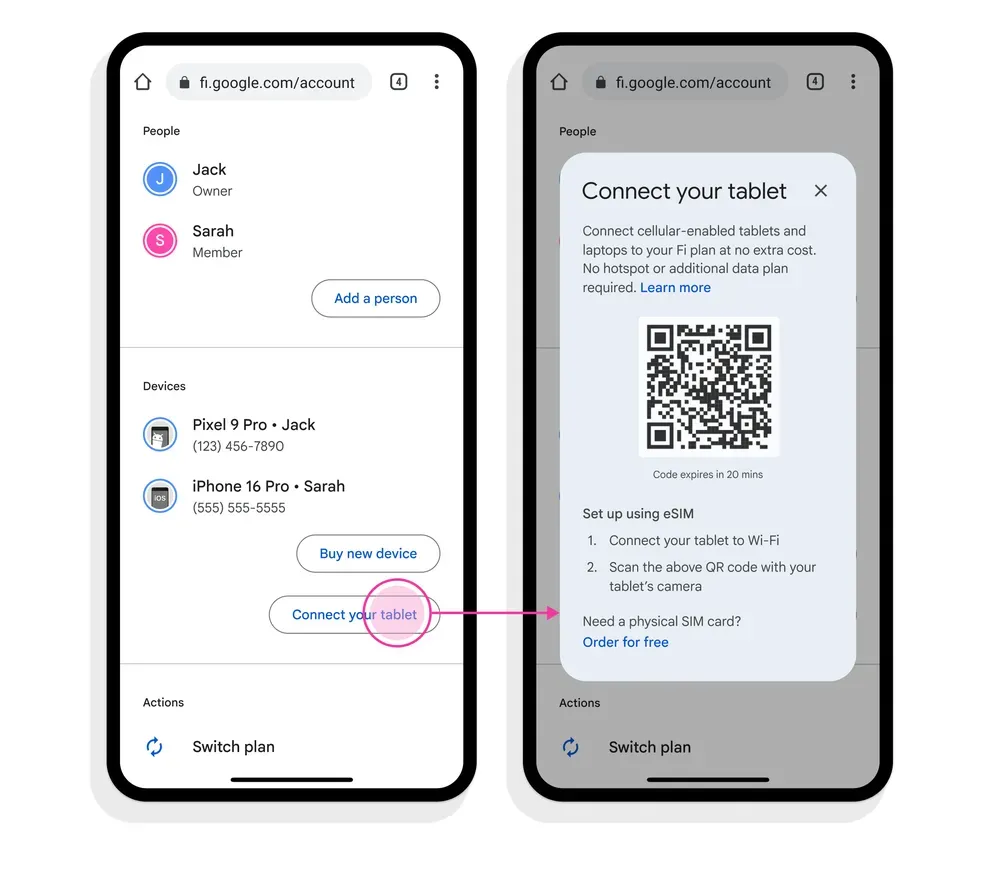 Hướng dẫn cài đặt eSIM Google Fi cho máy tính bảng bằng mã QR
