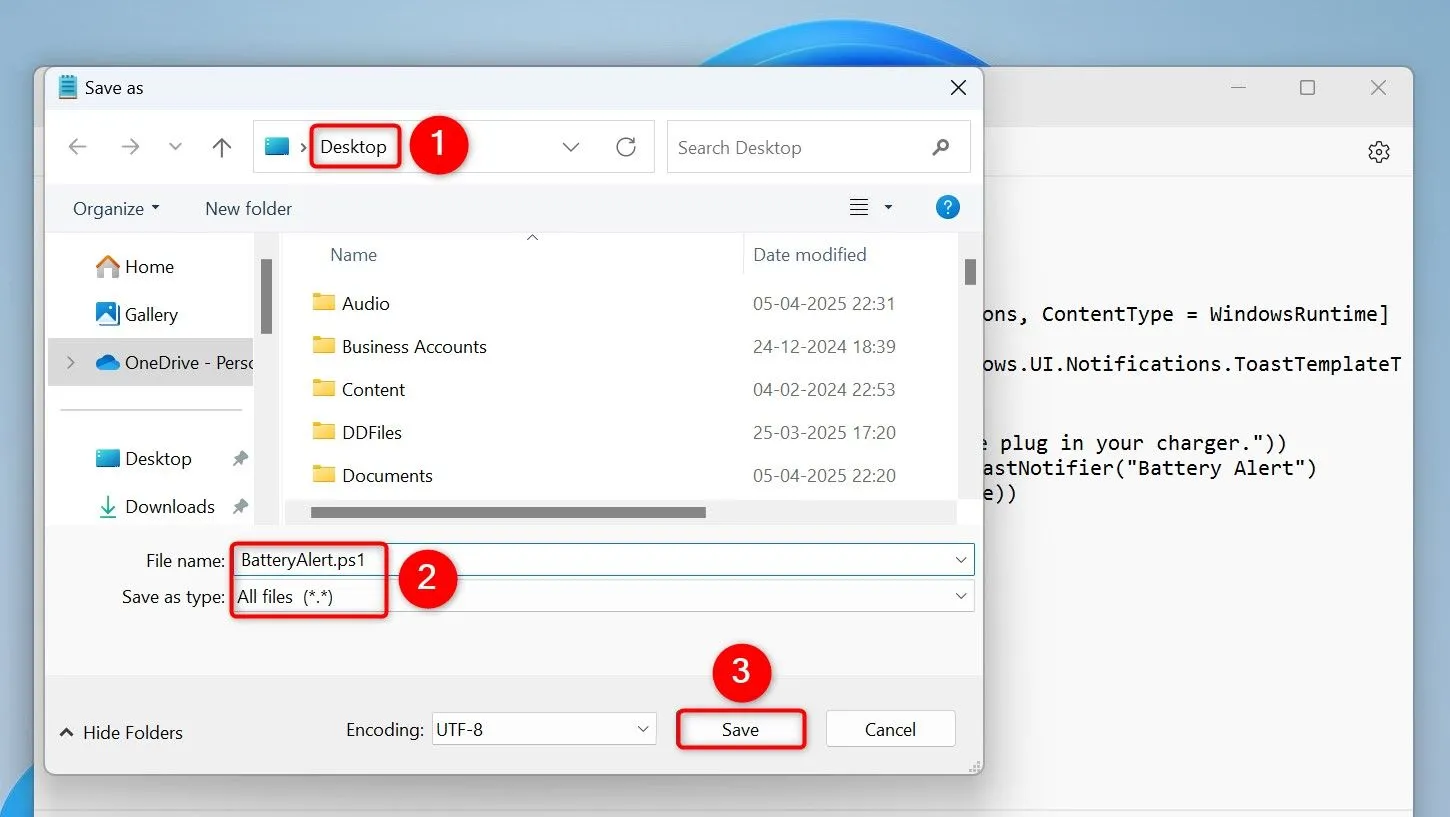Hướng dẫn lưu script PowerShell cảnh báo pin với định dạng .ps1 trong Notepad