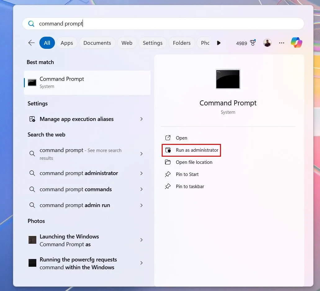 Hướng dẫn mở ứng dụng Command Prompt với quyền quản trị viên trên Windows 11 để thực hiện lệnh powercfg khắc phục lỗi màn hình không ngủ.