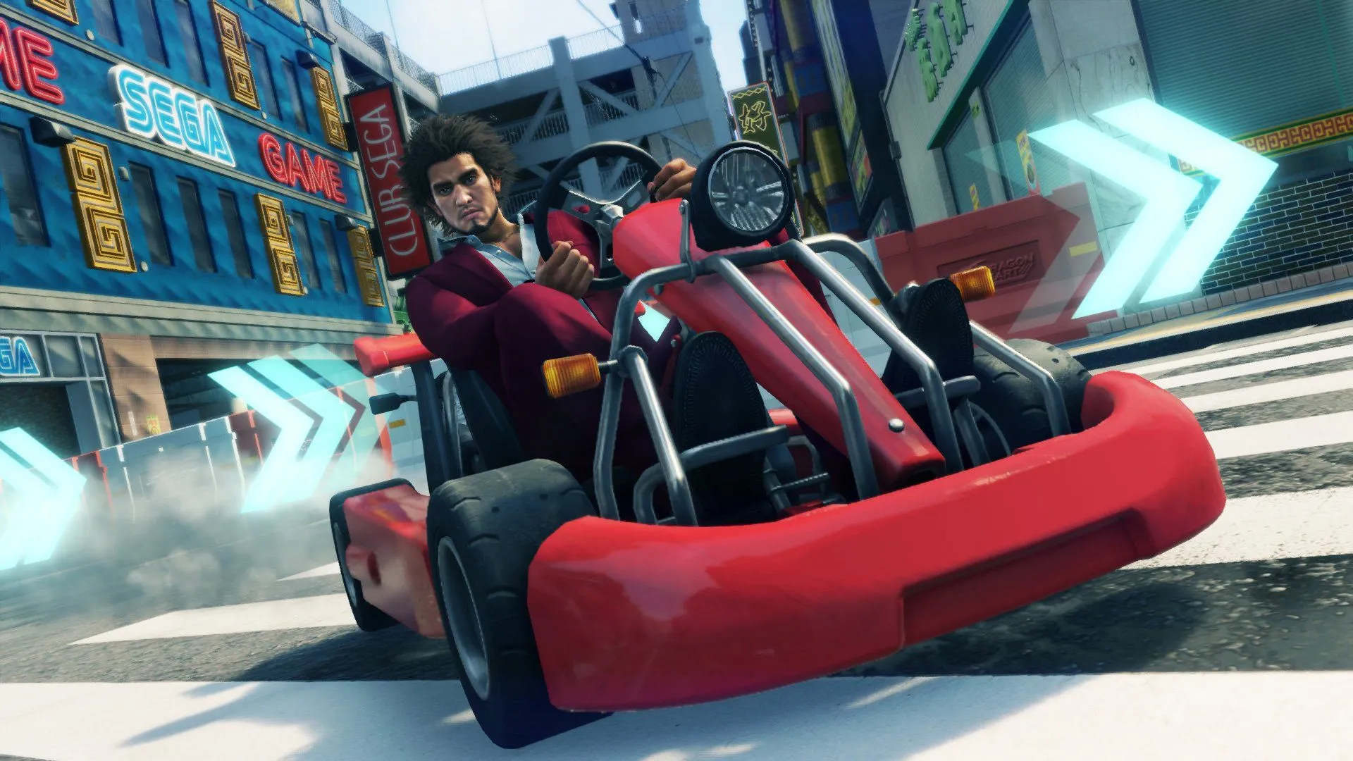Ichiban Kasuga đang thực hiện cú drift ấn tượng với chiếc kart của mình trên đường đua trong minigame Dragon Kart của Yakuza Like A Dragon.