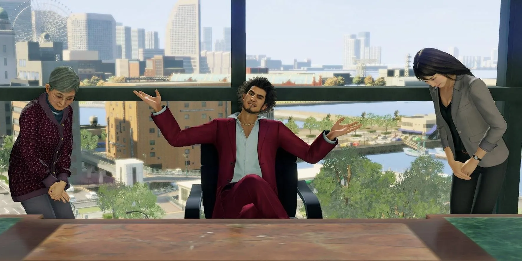 Ichiban Kasuga trong văn phòng công ty Ichiban Holdings, biểu tượng của minigame Business Management trong Yakuza Like A Dragon.