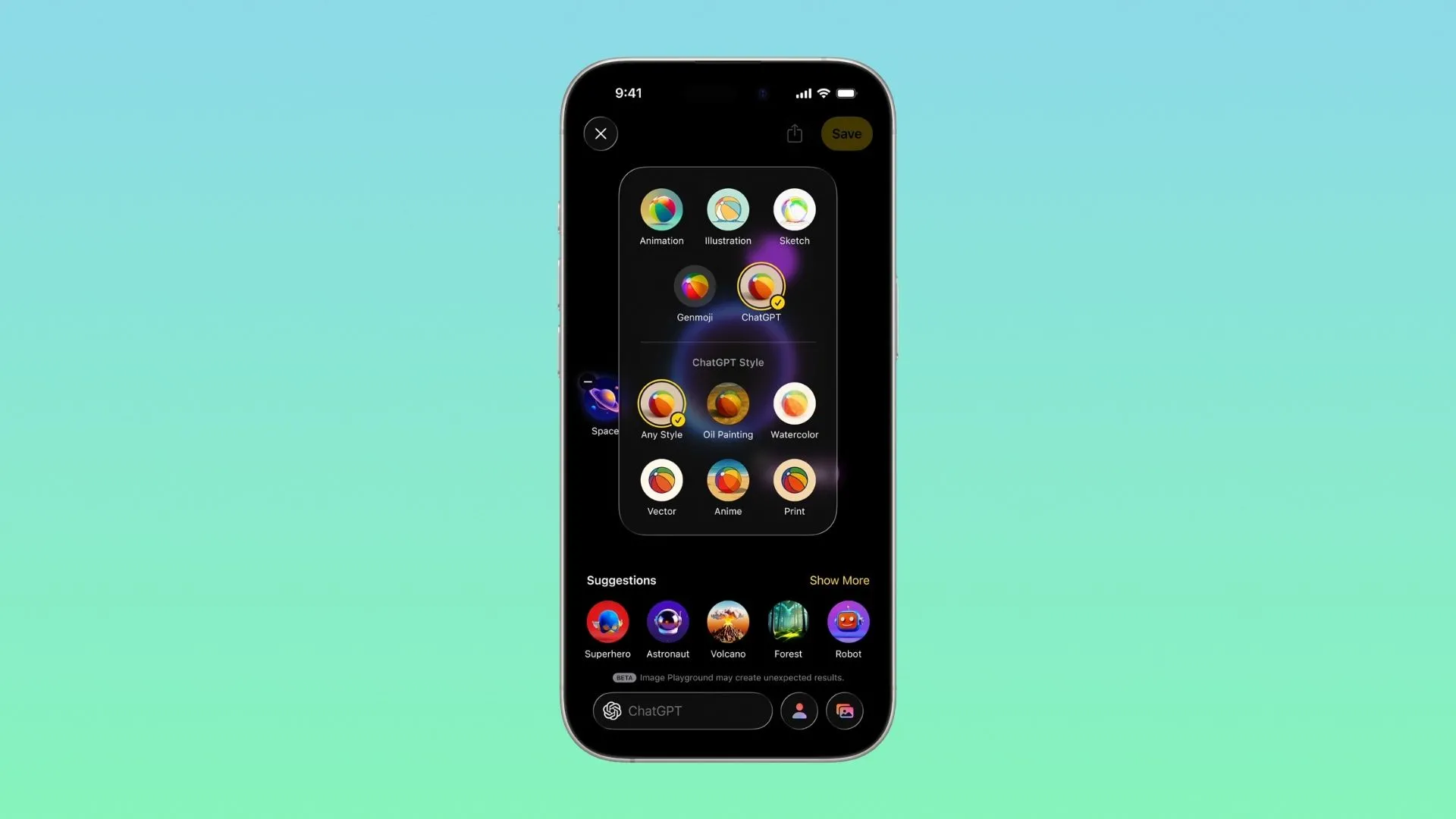 Image Playground trên iPhone minh họa các phong cách vẽ mới được hỗ trợ bởi ChatGPT trong iOS 26.