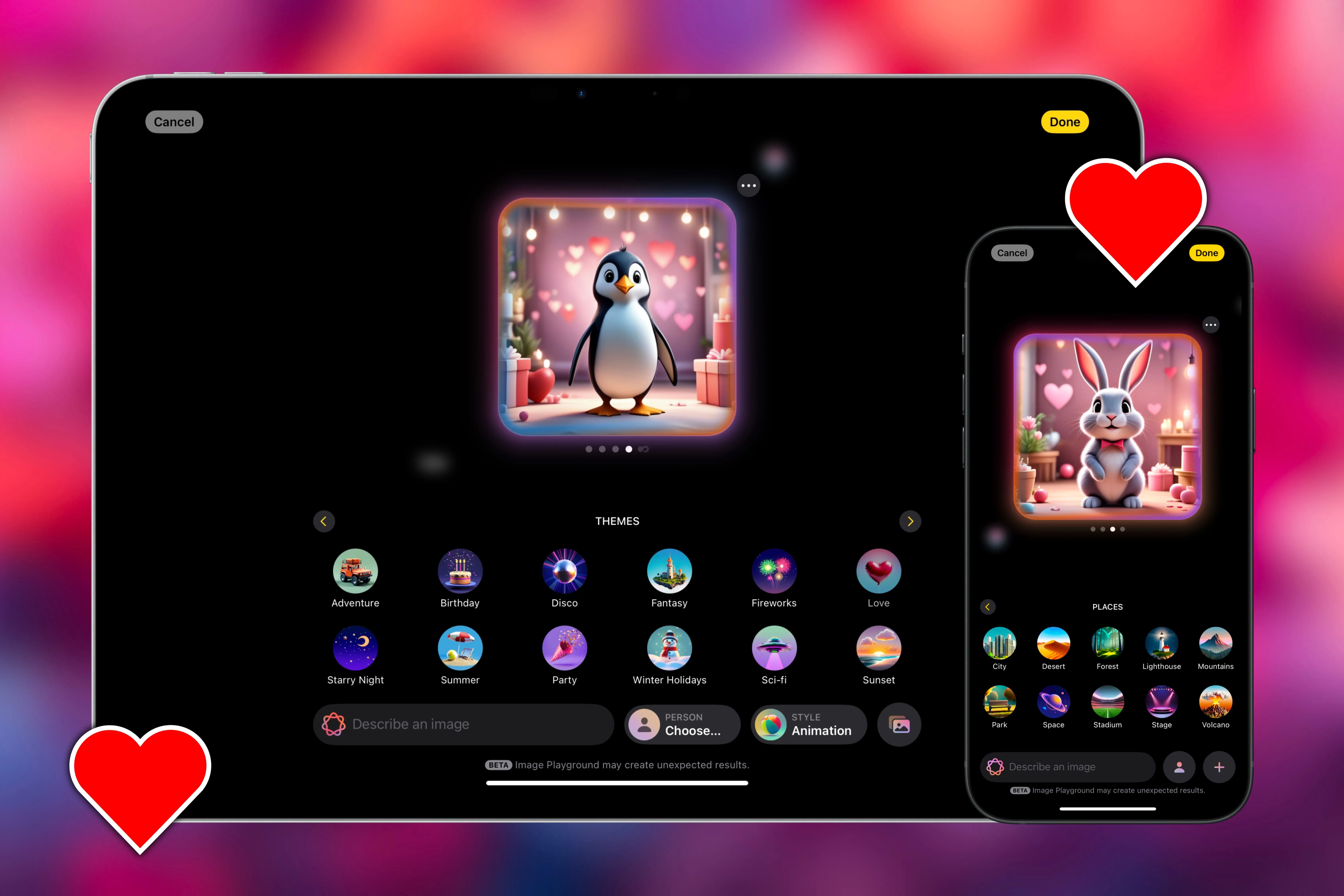 Image Playground trên iPhone và iPad hiển thị các con vật với biểu tượng trái tim, gợi cảm hứng sáng tạo.