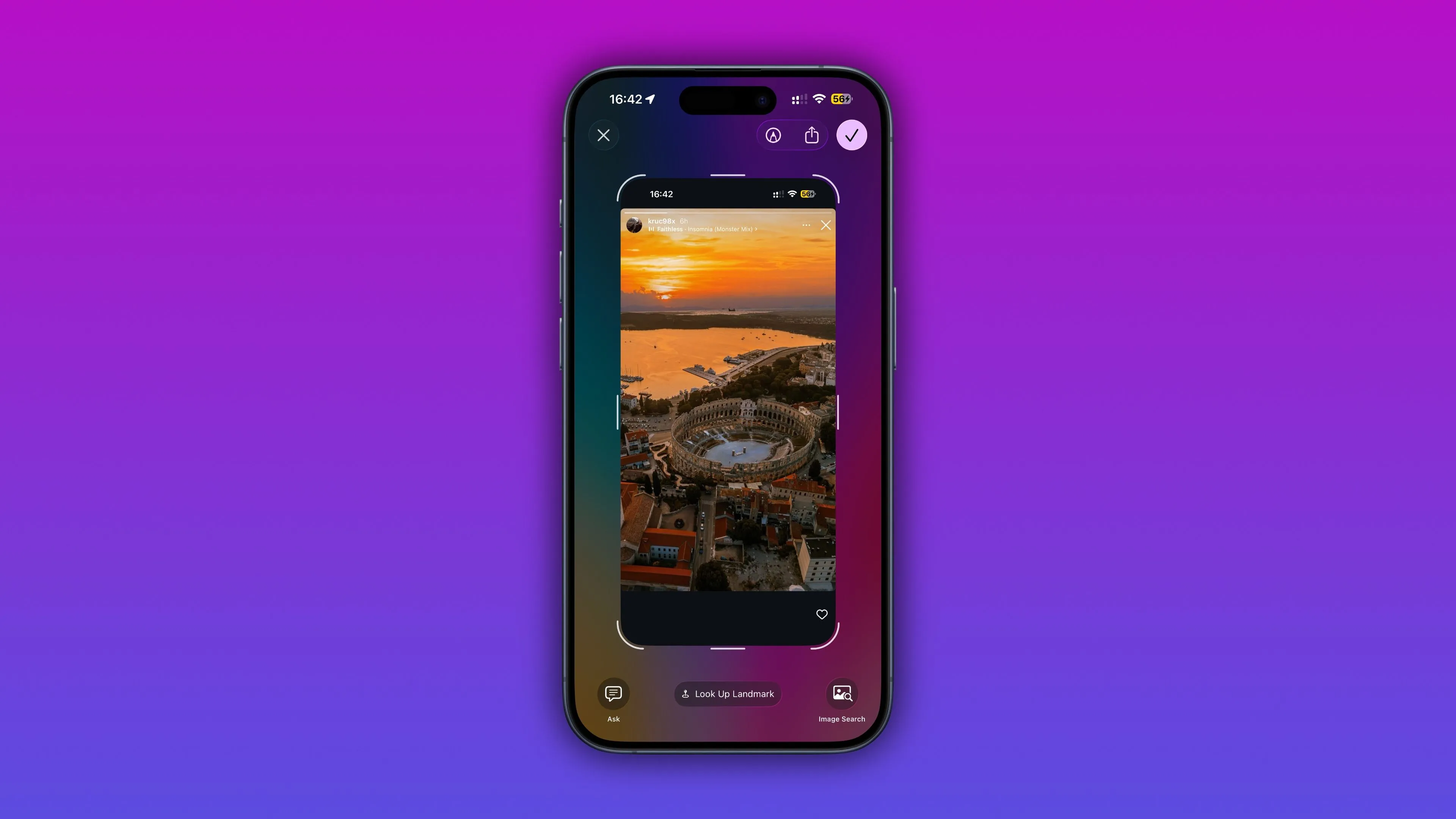 iPhone sử dụng Visual Intelligence (Trí tuệ thị giác) để nhận diện địa danh từ ảnh chụp màn hình Instagram trên iOS 26.