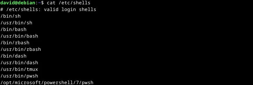 Kết quả của lệnh 'cat /etc/shells' hiển thị các shell khả dụng trên hệ thống Linux, bao gồm cả PowerShell (pwsh).