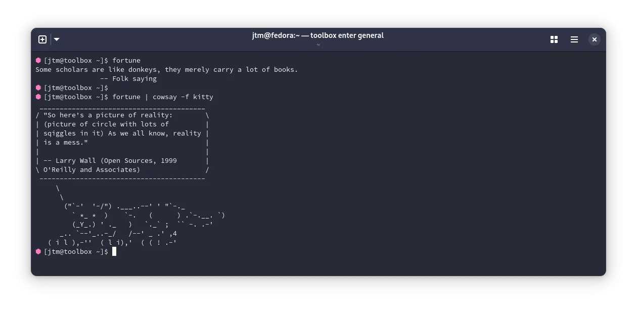 Kết quả của lệnh `fortune` hiển thị một câu nói ngẫu nhiên trên terminal Linux