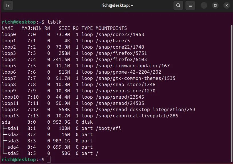 Kết quả lệnh lsblk trên Ubuntu hiển thị các phân vùng ổ đĩa bao gồm sda1, sda2, sda3, sda4.