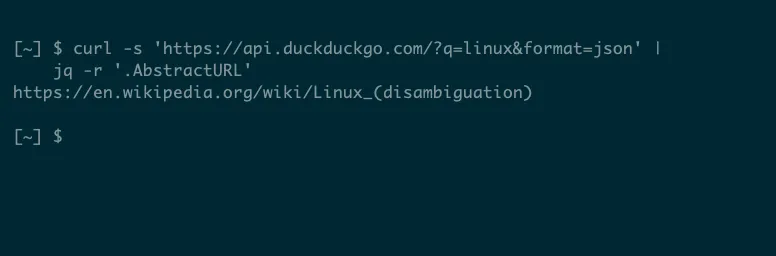 Kết quả trả về từ DuckDuckGo API ở định dạng JSON khi sử dụng lệnh curl và jq