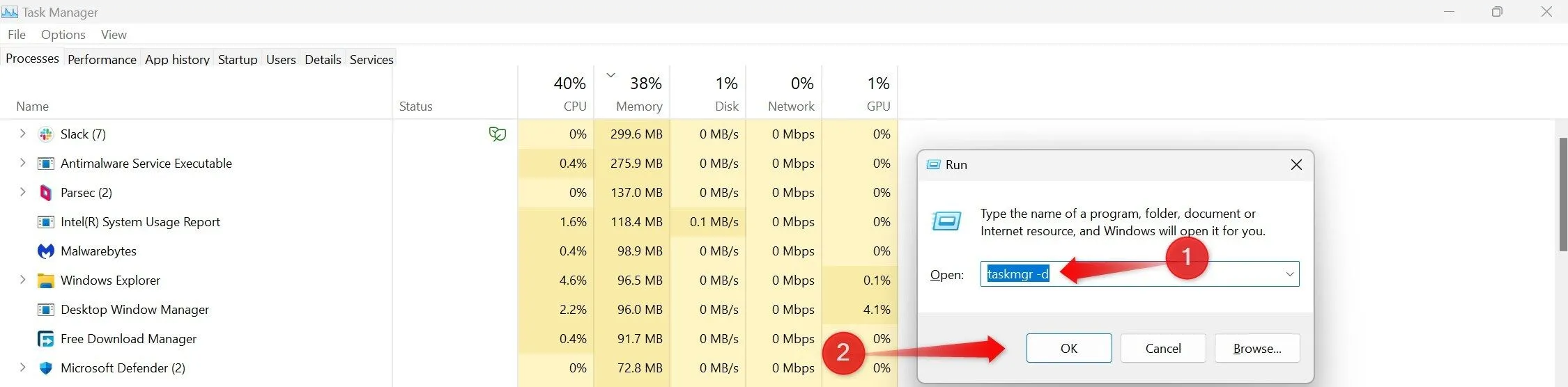 Khởi chạy phiên bản Task Manager cổ điển trên Windows 11 bằng lệnh &quot;taskmgr -d&quot; qua hộp thoại Run.