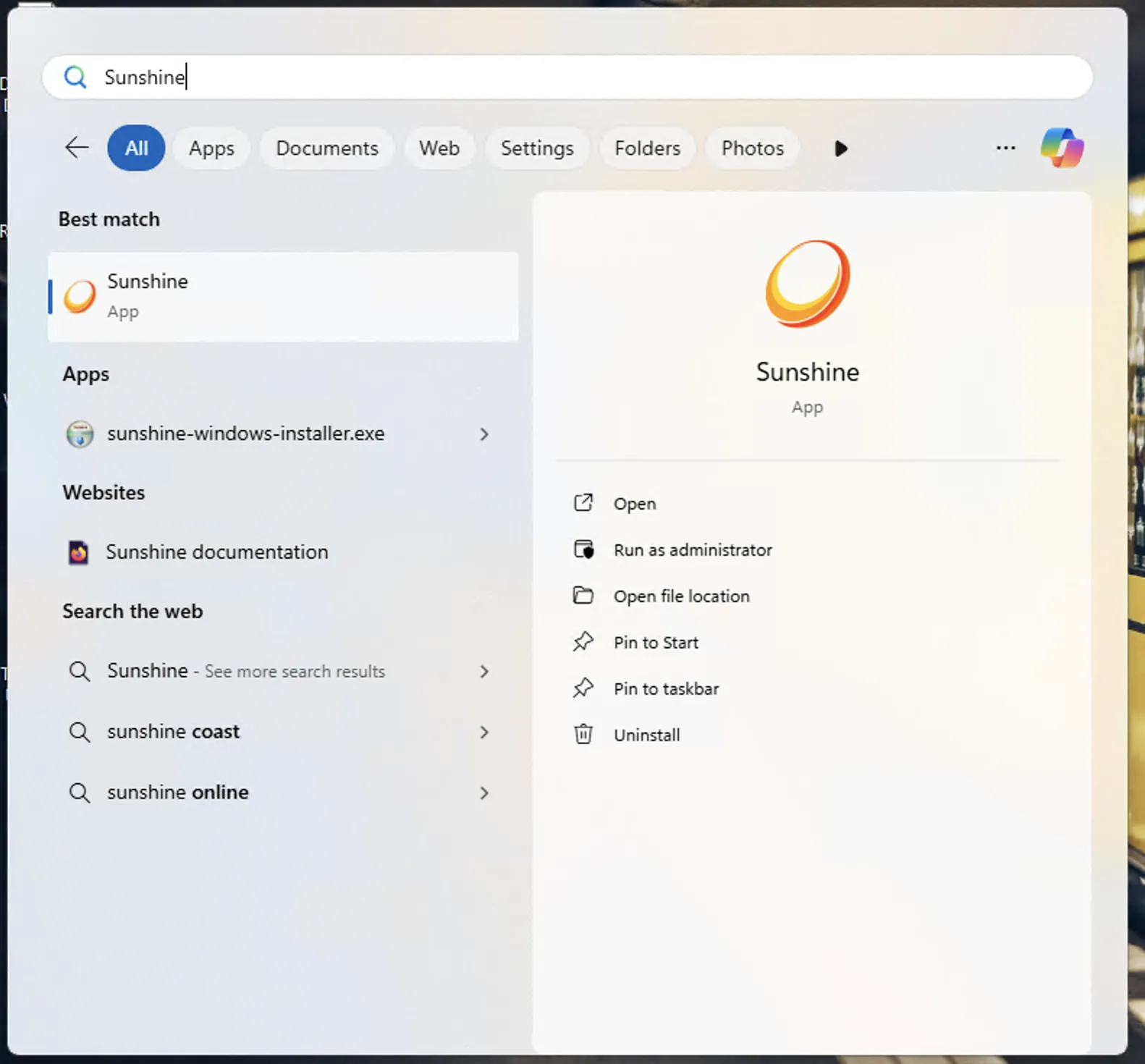 Khởi chạy ứng dụng Sunshine server từ menu Start trên Windows