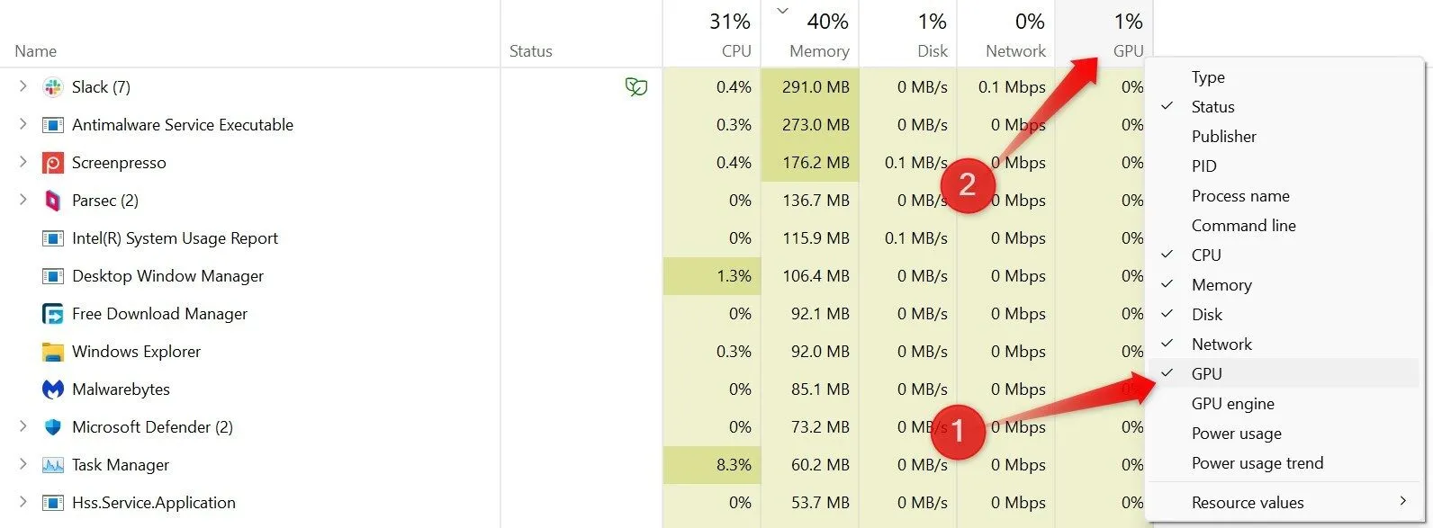 Kích hoạt cột GPU trong Task Manager để xem mức độ sử dụng card đồ họa của các ứng dụng.