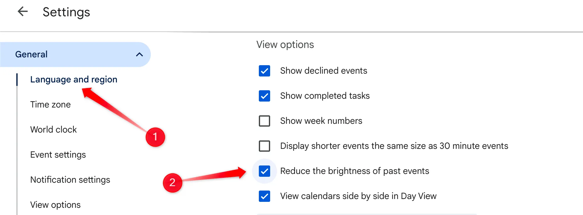 Kích hoạt tính năng làm mờ sự kiện đã qua trong cài đặt Google Calendar