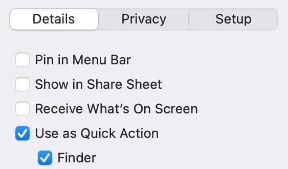 Kích hoạt tùy chọn &quot;Use as Quick Action&quot; và chọn &quot;Finder&quot; trong thông tin chi tiết phím tắt để biến nó thành Quick Action trên macOS.
