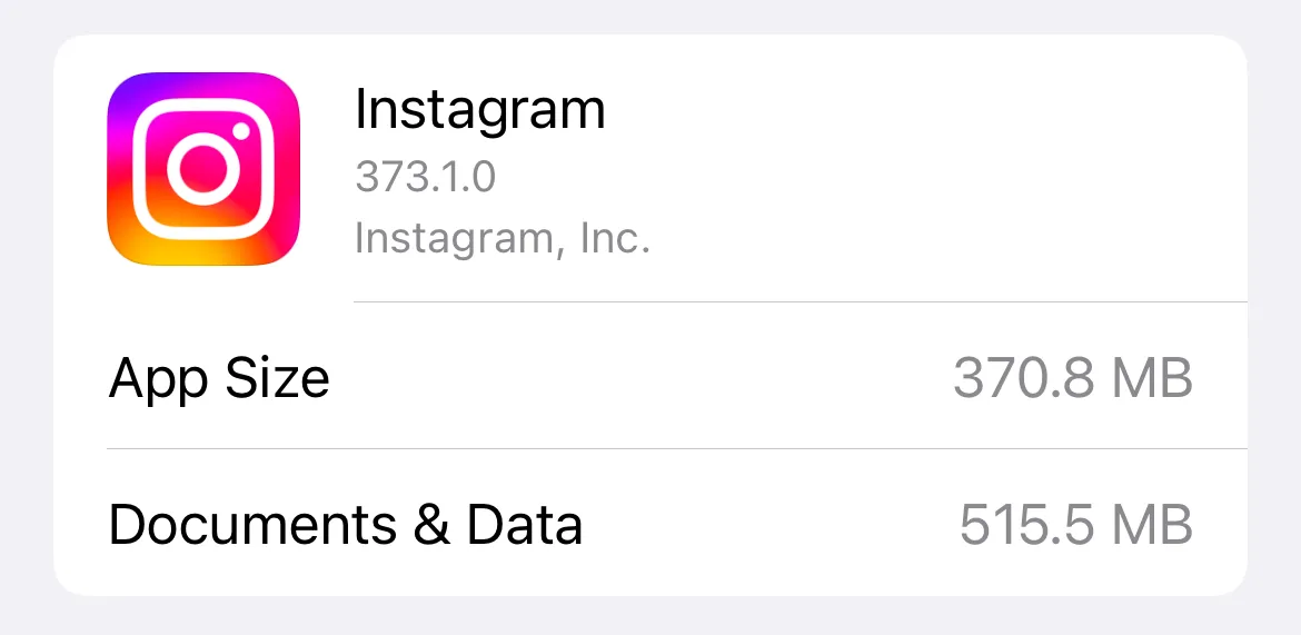 Kích thước cài đặt Instagram so với kích thước dữ liệu đã lưu