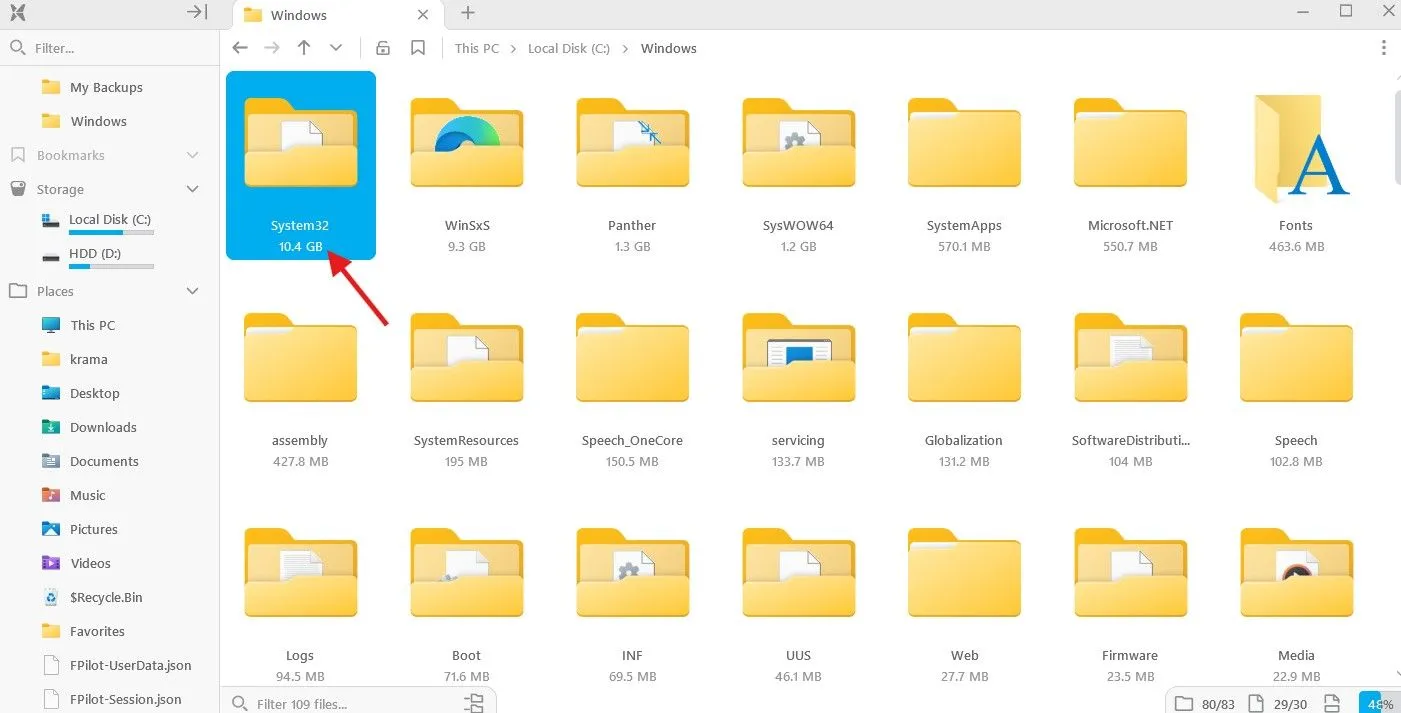 Kích thước thư mục hiển thị mặc định trong File Pilot.