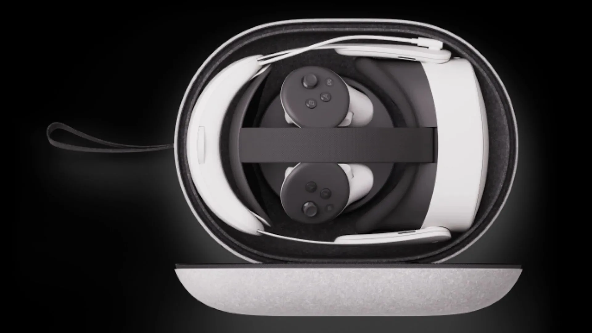 Kính Meta Quest 3 với dây đeo Elite Strap được đặt gọn gàng trong túi đựng chuyên dụng, cho thấy khả năng bảo vệ khi di chuyển