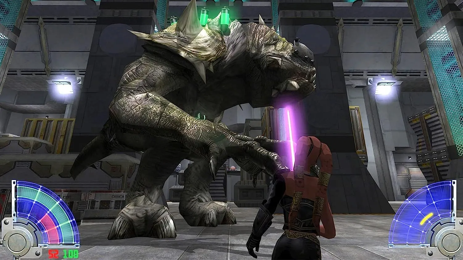 Kyle Katarn đối mặt với Dark Jedi trong Star Wars: Jedi Knight, thể hiện hệ thống chiến đấu lightsaber phức tạp của dòng game Star Wars này.
