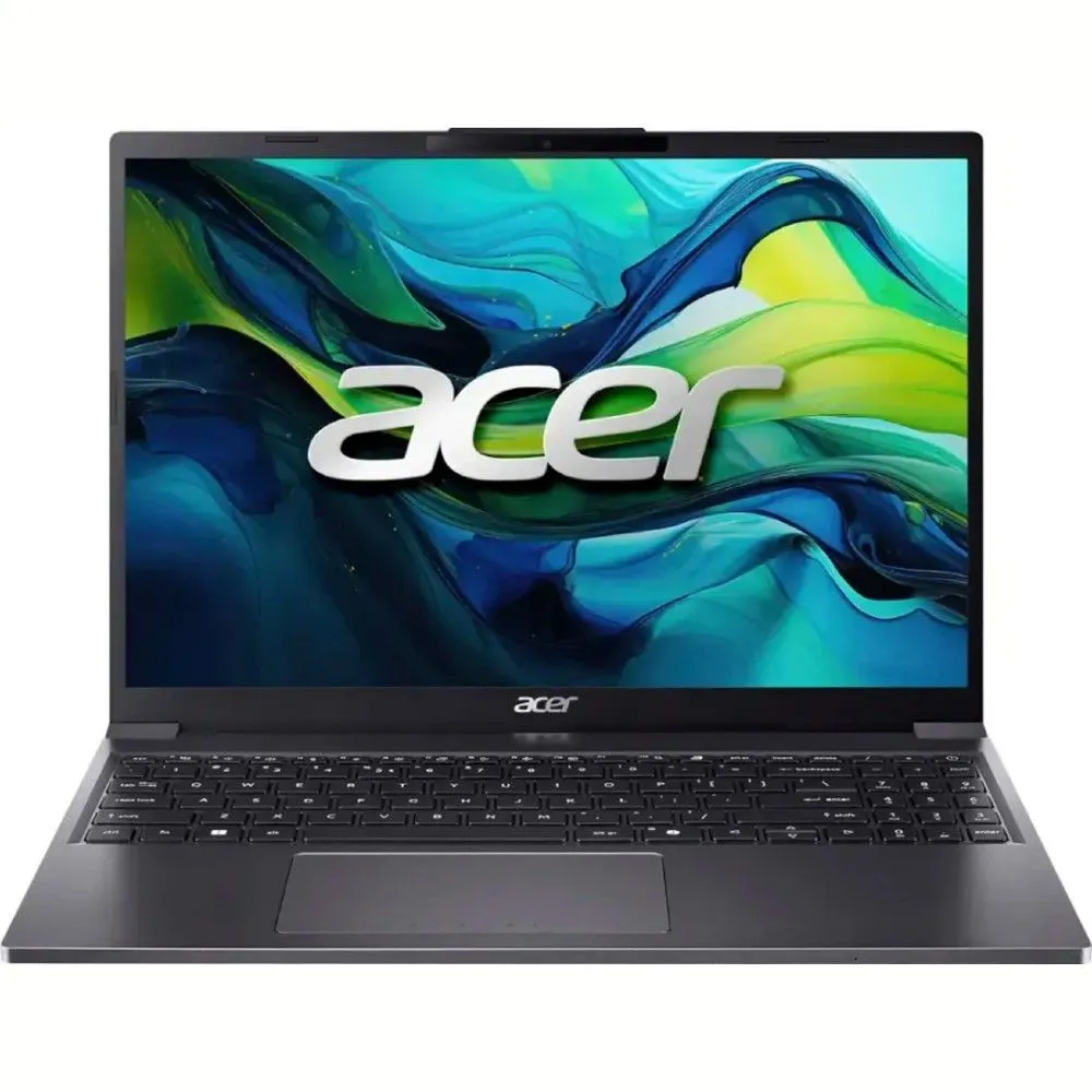 Laptop Acer Aspire Go 15 màu xám trên nền trắng, nổi bật thiết kế mỏng nhẹ và màn hình sắc nét.