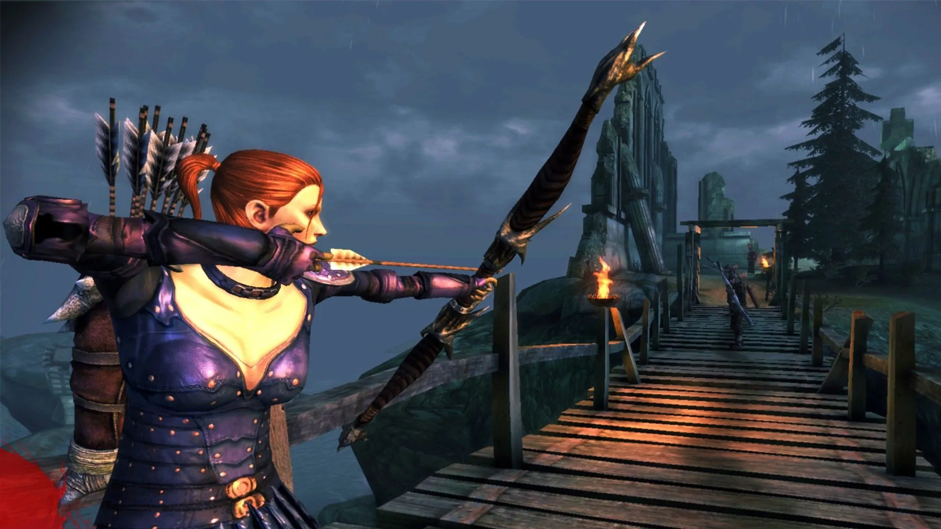 Leliana, một nhân vật được yêu thích, chuẩn bị bắn cung trong Dragon Age: Origins, minh họa cho sự tự do sáng tạo của game kế nhiệm tinh thần.