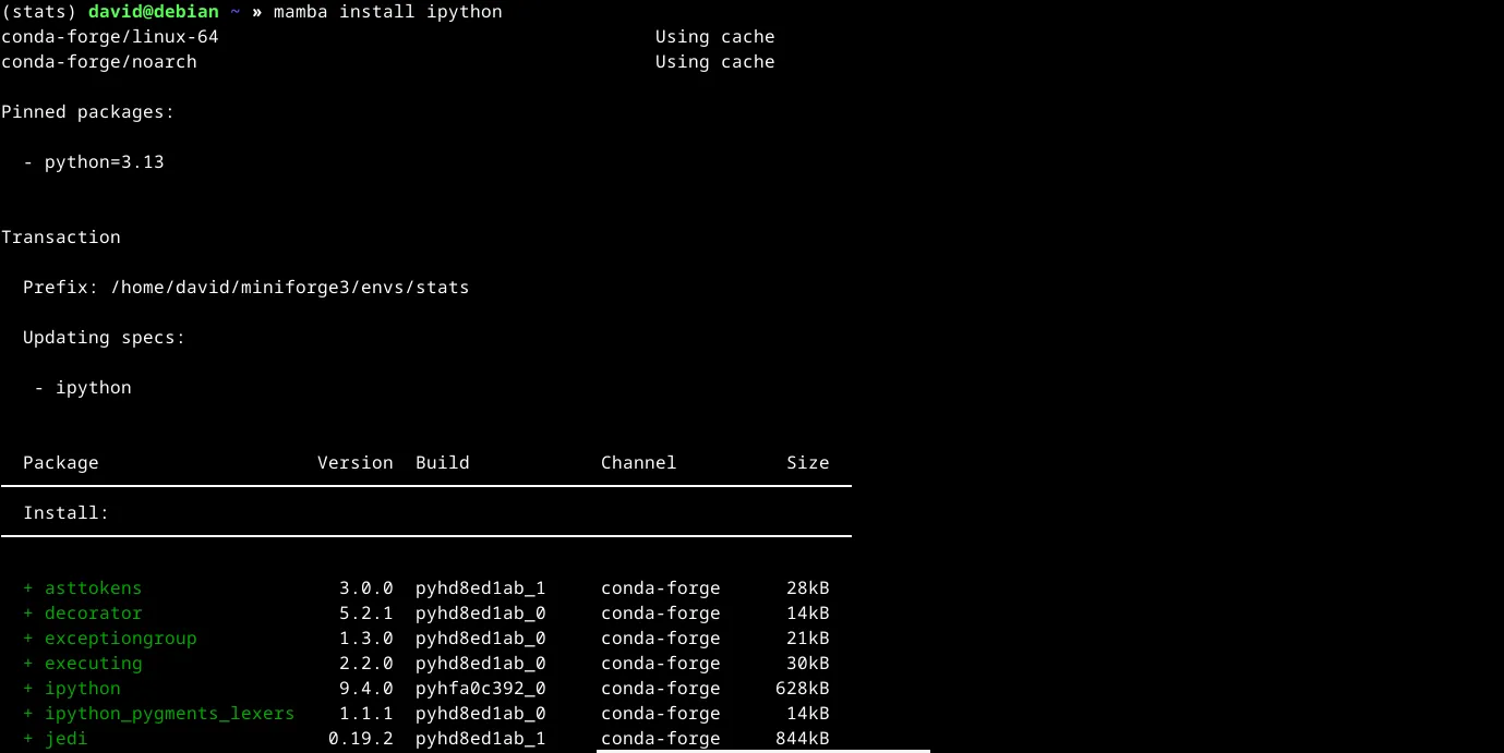 Lệnh mamba install được sử dụng để thêm gói IPython vào môi trường Mamba 'stats' đã tồn tại, hiển thị quá trình giải quyết phụ thuộc và cài đặt.