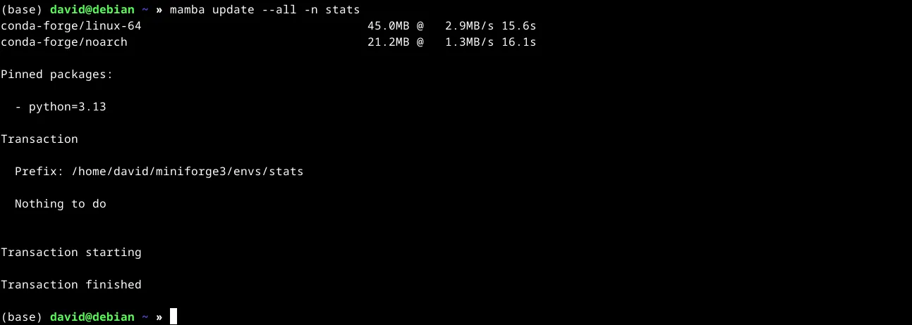Lệnh mamba update --all -n stats đang được chạy trong terminal để cập nhật tất cả các gói trong môi trường Mamba 'stats' lên phiên bản mới nhất.