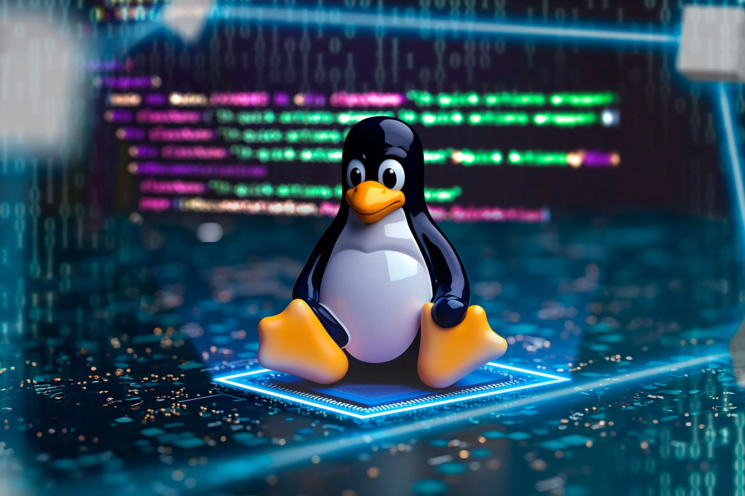 Linh vật của Linux (Tux) ngồi trên một chip vi xử lý với mã code làm nền mờ.