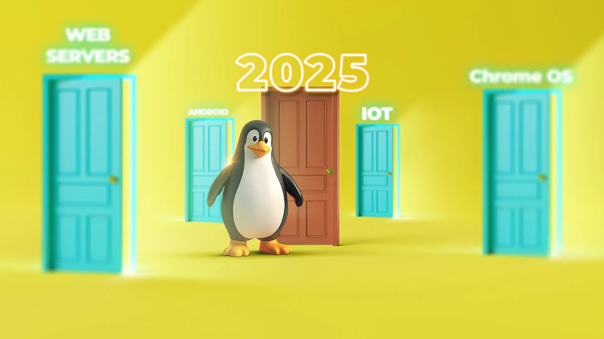 Linh vật Linux Tux đứng giữa nhiều cánh cửa hé mở và một cánh cửa đóng chặt ghi '2025', ẩn dụ cho những rào cản Linux desktop đang đối mặt.